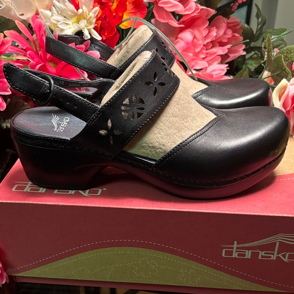 Dansko Black Leather and Cream Suede Slingback Clogs